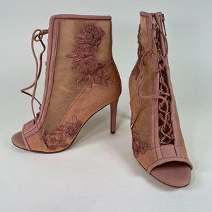 Gianni Bini Beige Floral Peep Toe Lace Up Heels Sz 9